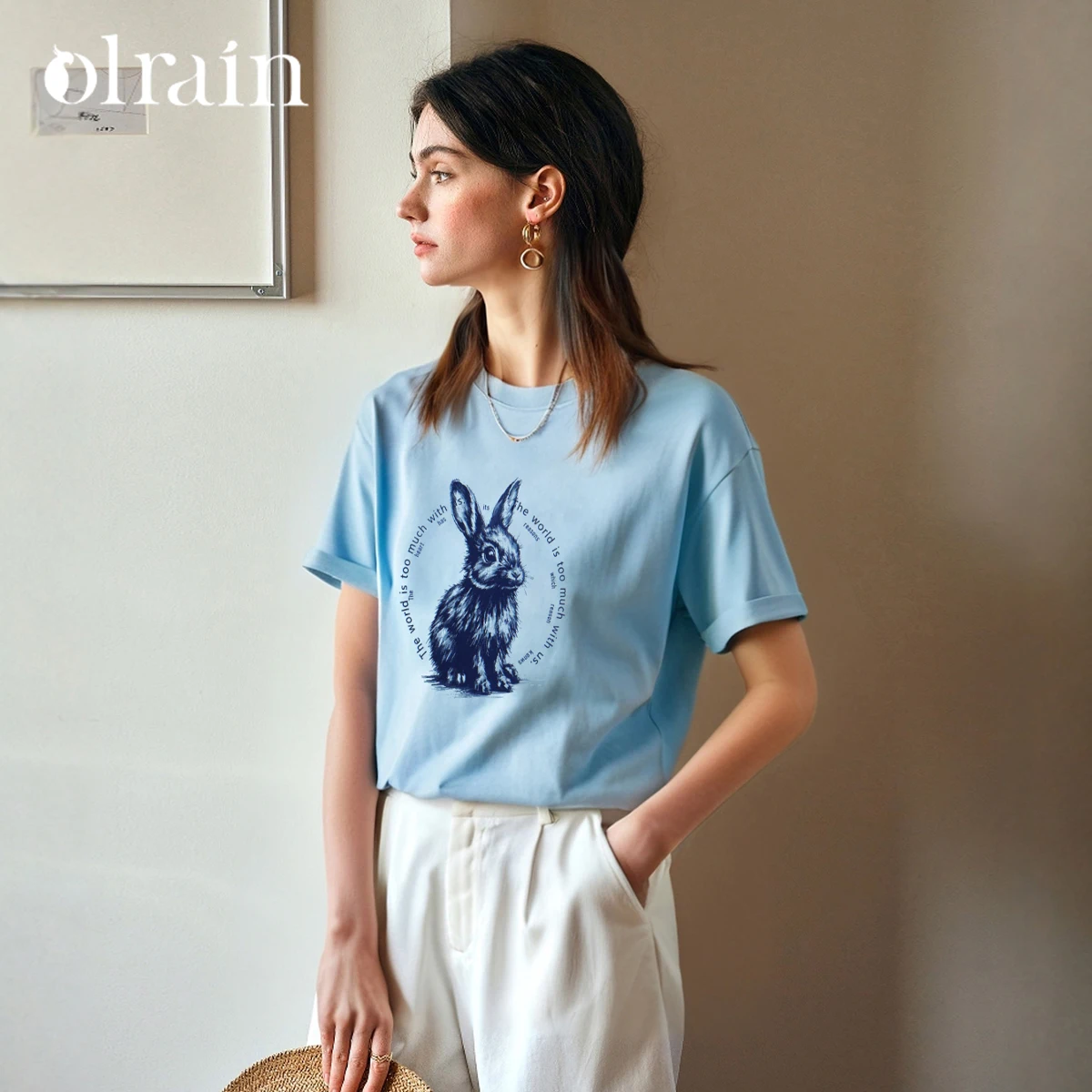 

OLrain графические топы для женщин, лето 2029, свободная повседневная хлопковая футболка с синим принтом, футболки с короткими рукавами, женская одежда O57XT98619