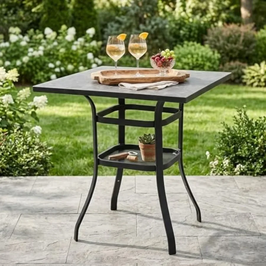 Outdoor bar height table with realistic marble texture top, 36 square patio pub table, 2-tier storage shelves, all-weather meta