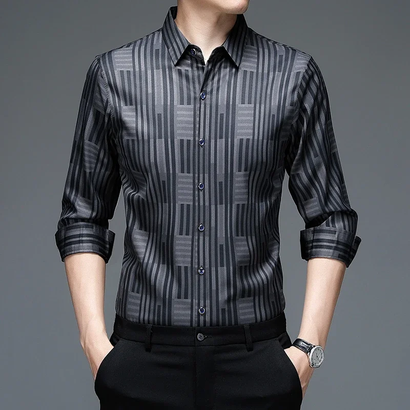 New Men's Casual Printed Long Sleeved Lapel Shirt for Spring and Autumn Fashion Comfortable Wrinkle Free Top Without Ironing