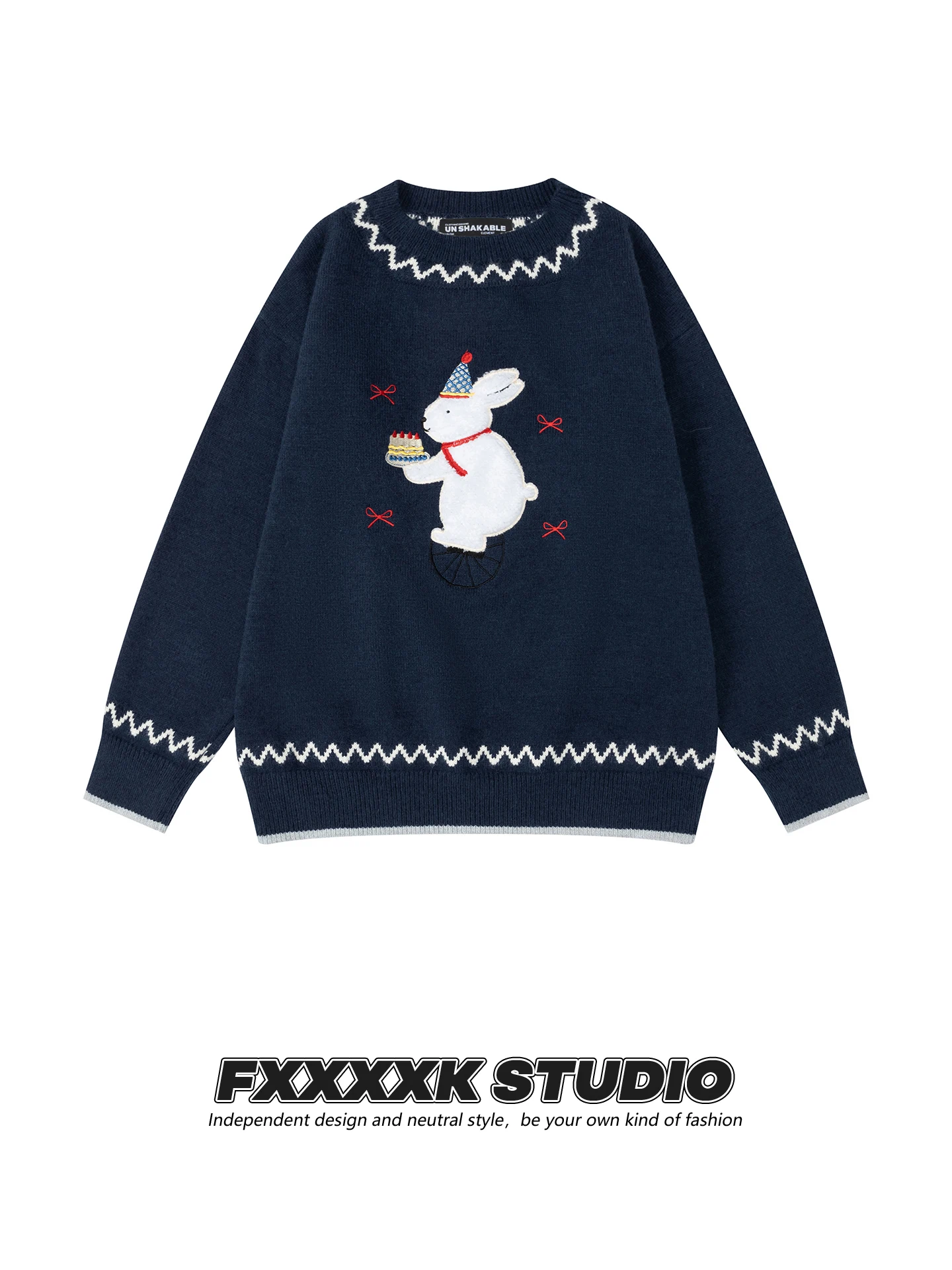 

Оригинальный свитер FXK с вышивкой милого кролика, свободный вязаный свитер для пар, мягкий, с круглым вырезом, длинными рукавами, теплый, повседневный, модный, из полиэстера.