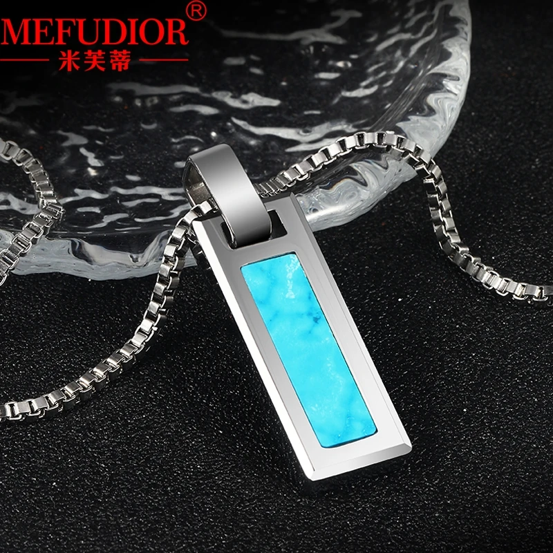 Tungsten Gold Necklace for Men Inlaid Turquoise\Onyx White Gold Color Male Pendants 55cm Chain Hip Hop Couple Party Jewelry Gift