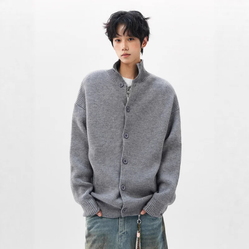 

Simple American Style Solid Color Turtleneck Cardigan Sweater Men, Loose Vintage Lazy Style Versatile Knitted Aut