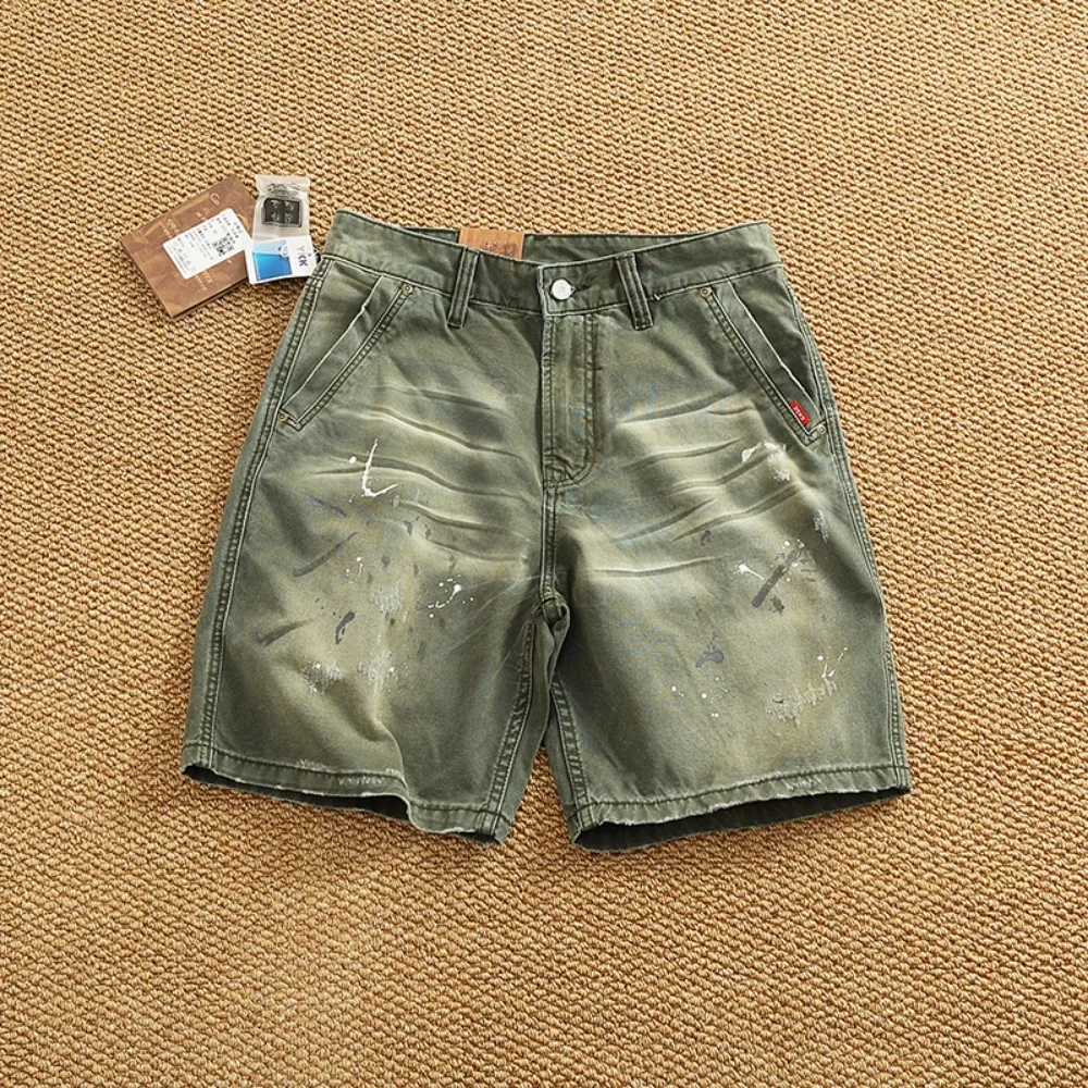 High Street's heavyweight Splashed Ink Heavy Industry aged washed work shorts for men, loose straight capri pants