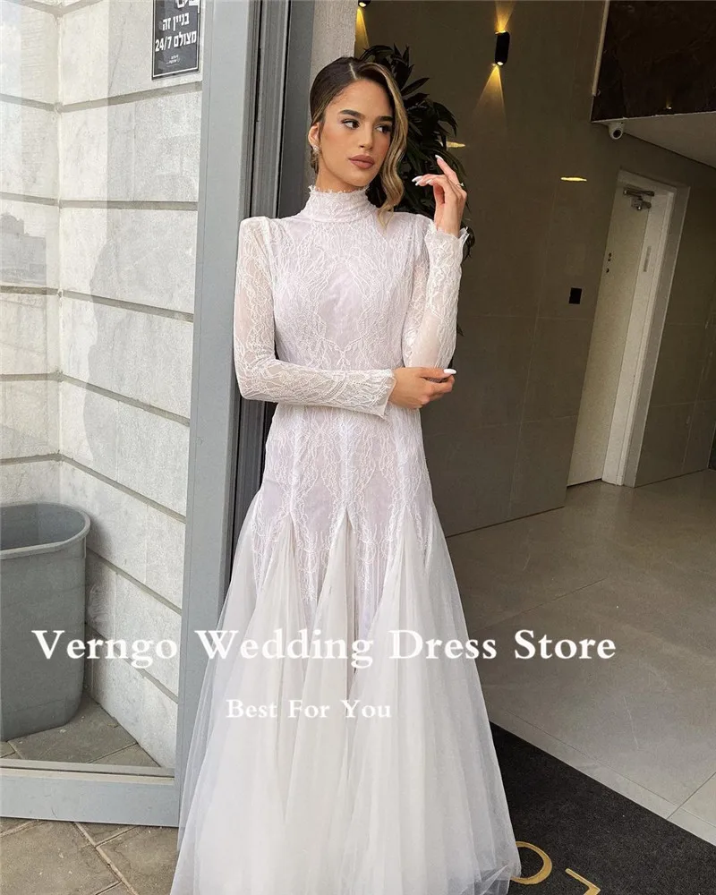 Verngo Elegant High Neck Lace Mermaid Wedding Dresses Boho Long Sleeves Tulle Bottom Arabic Women Bridal Gowns vestidos de novia