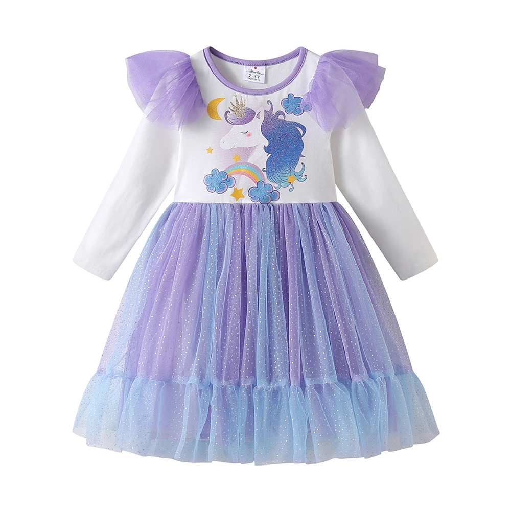 DXTON Kleinkind Kinder Baumwollkleider Einhorn Kinder Mädchen Rüschenkleid Baumwollnetz Mädchen Herbstkleidung Kleinkind Partykostüme – Detail 3