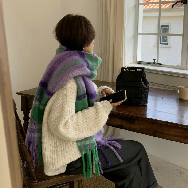 

Уютный клетчатый шарф, шаль, мягкая имитация кашемира, дизайн с цветными блоками, отделка кисточками, универсальный осенне-зимний холодостойкий шарф на шею Wh63