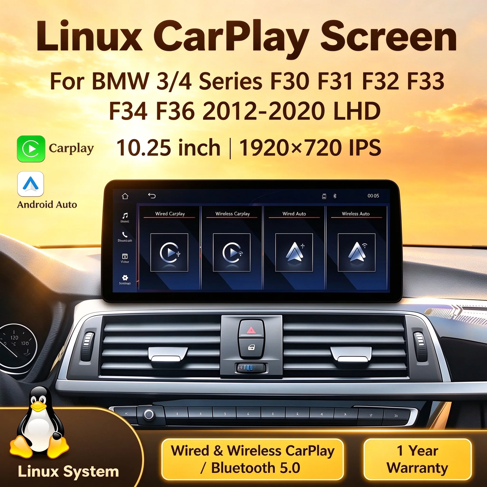 Linux Multimedia Screen for BMW 3 Series 4 Series F30 F31 F32 F33 F34 F36 2012-2020 Left Hand Drive Wireless Carplay Feature