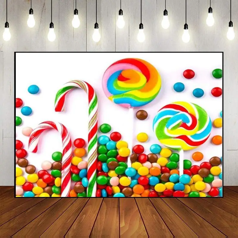 Decoration Party Backdrop Background Banner Colorful Lollipops Candy Happy Birthday Baby Shower Land Theme Wall Photography Cake