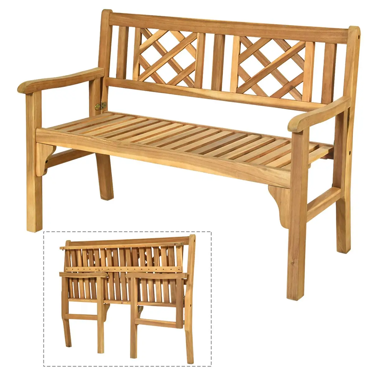 

4ft Foldable Acacia Wood Garden Bench Curved Backrest & Armrest 705Lbs Patio Park Porch Balcony, Customized