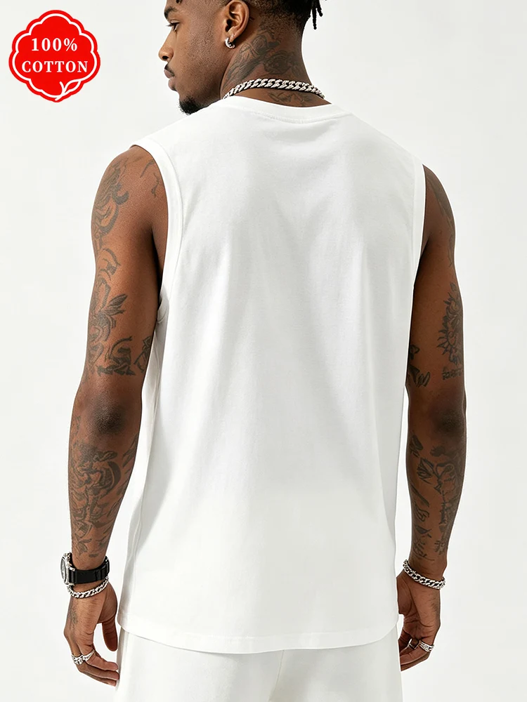 Men 100% Cotton Sleeveless Tank Top Minimal Cube Slogan Chest Print Loose Crew Neck Vest Streetwear  Daily Sleeveless Tee-T87