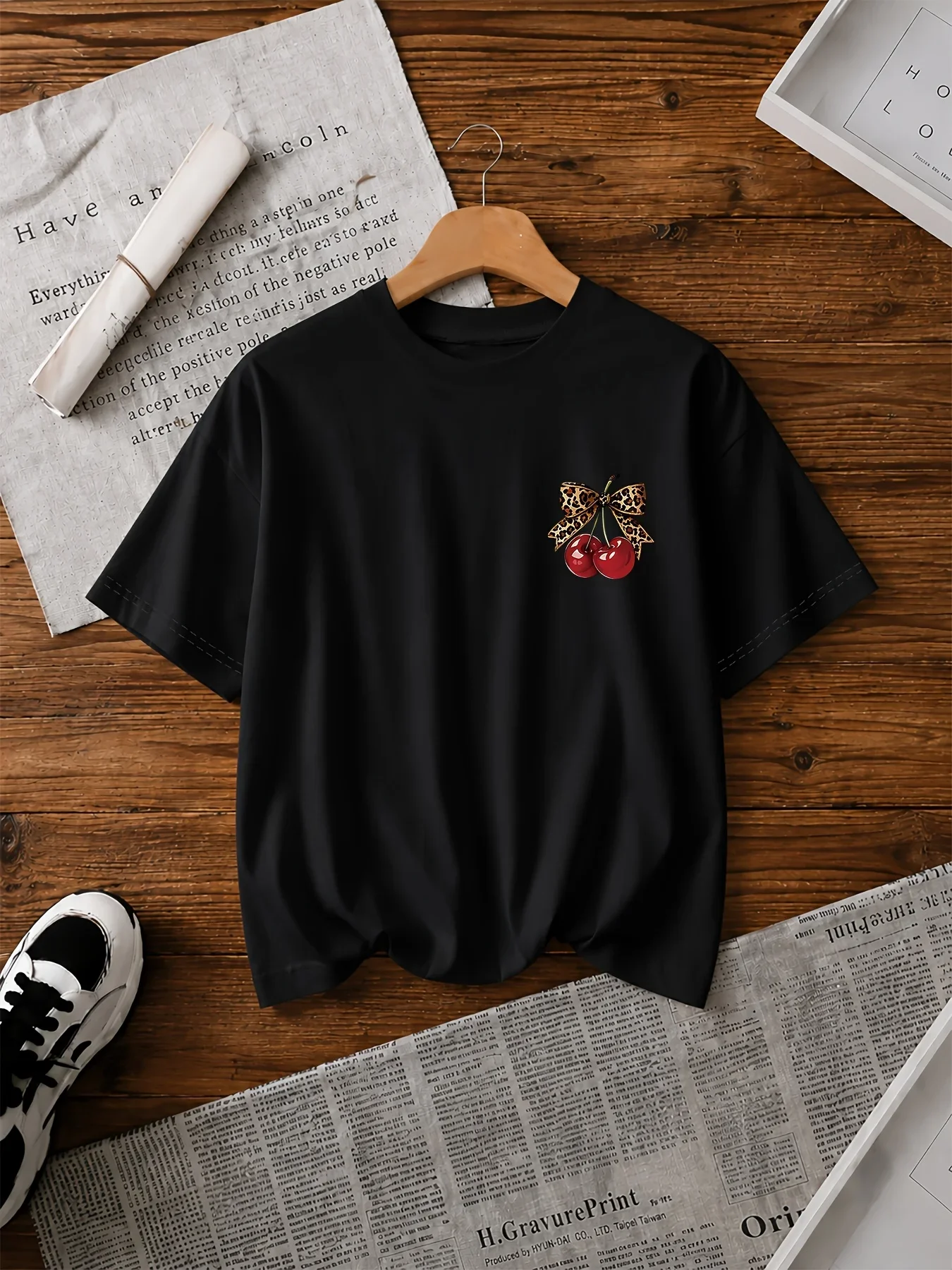 Cute Cherry Graphic Tee Women Leopard Bow Knot Fruit Print Short Sleeve White T-Shirt Loose Fit Casual Summer Streetwear Top