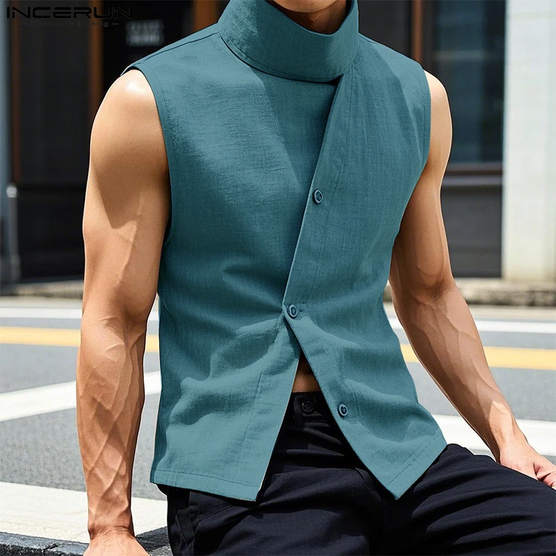 INCERUN Tops Korean Style Fashion Men Semi High Neck Design Solid Shirt Casual Streetwear Male Slanted Placket Sleeveless Blouse