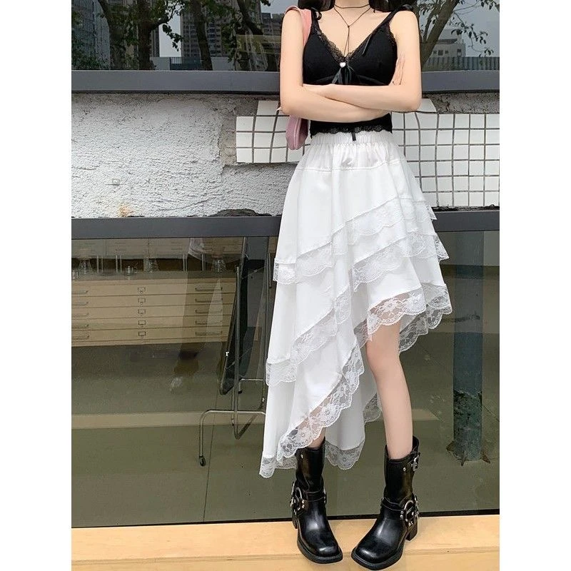 

Deeptown Ruffle Lace Irregular Skirt Women Elegant Boho White A-line Skirts Aesthetics Patchwork Korean Style Vintage Y2K Skirt