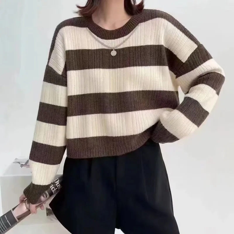 Casual solto camisola de malha feminina redonda ne pulôver emagrecimento cor blo listra design outono inverno novo sle da china