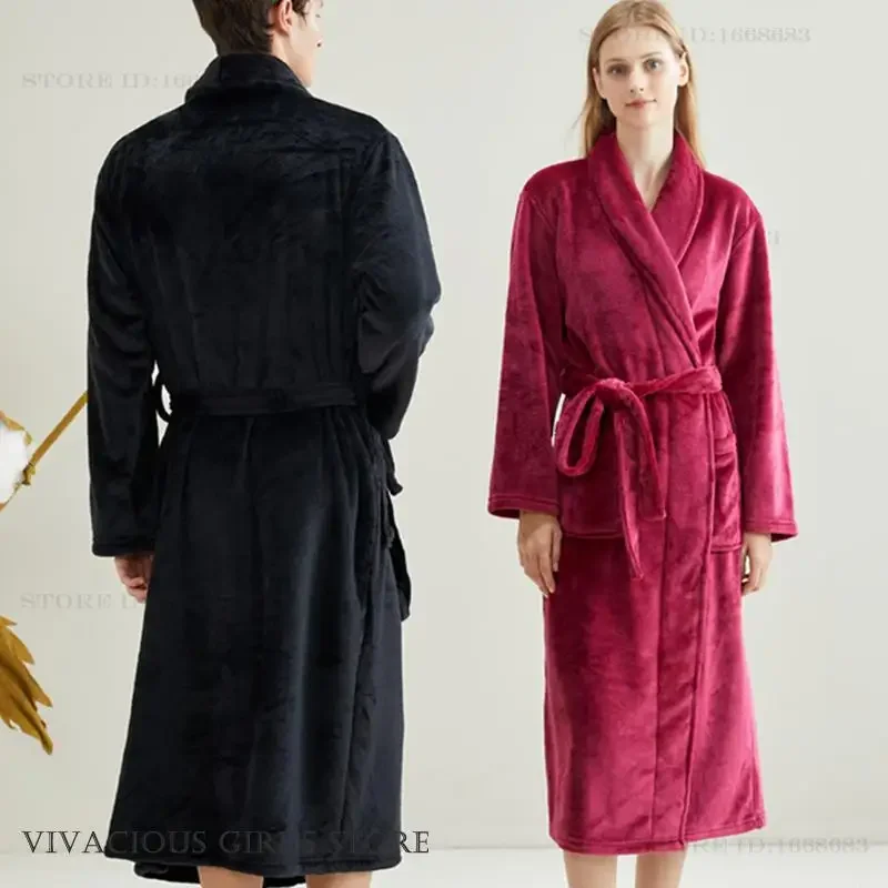 New Flannel Long Robe Home Dress Autumn Winter Thicken Warm Bathrobe Kimono Gown Sleepwear Loose Casual Coral Fleece Loungewear view 3