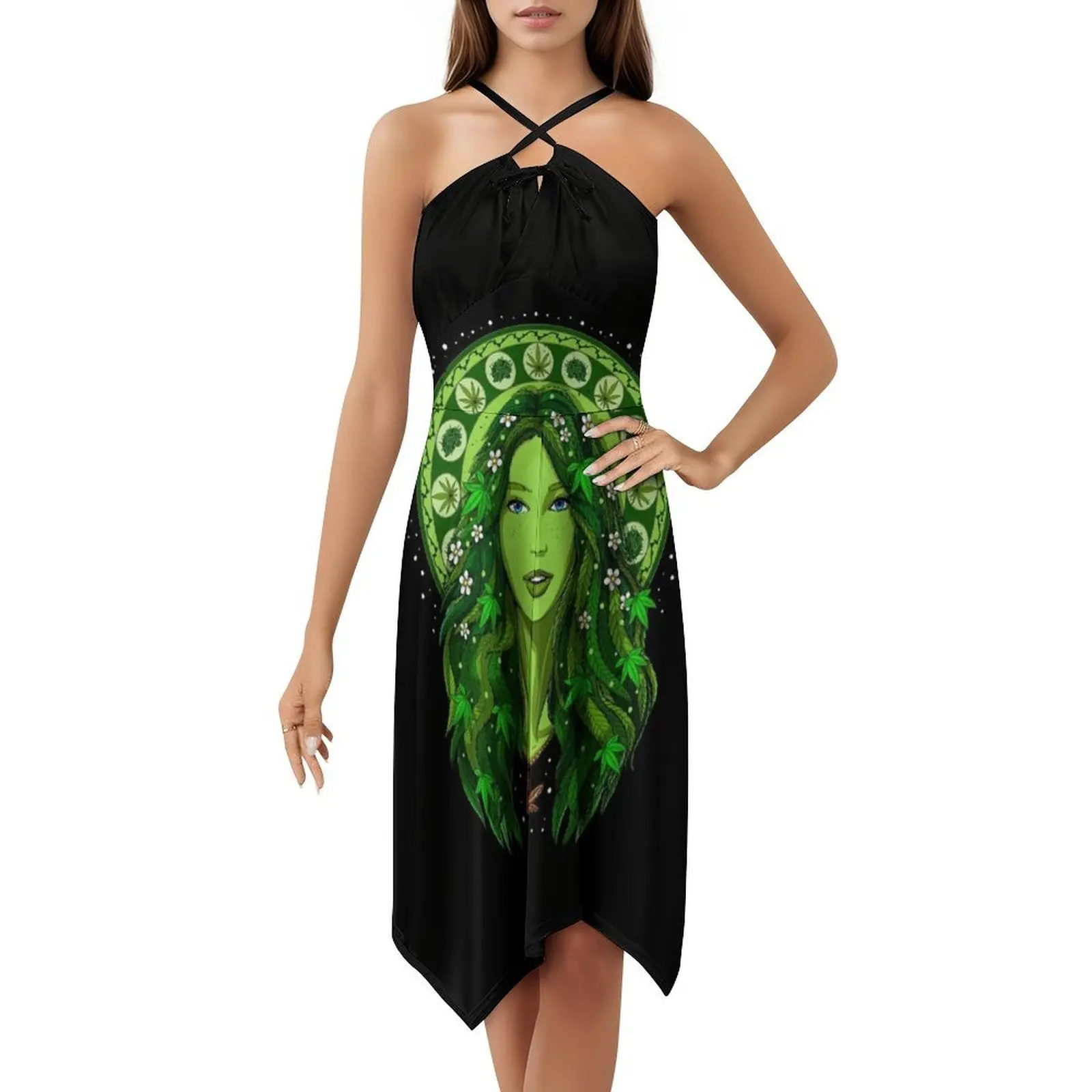 فستان حفلات أنيق للنساء من Weed Goddess على شكل حرف a مع خيارات قصيرة/طويلة/بدون أكمام من Weed Goddess Stoner Ganja Weed Weed