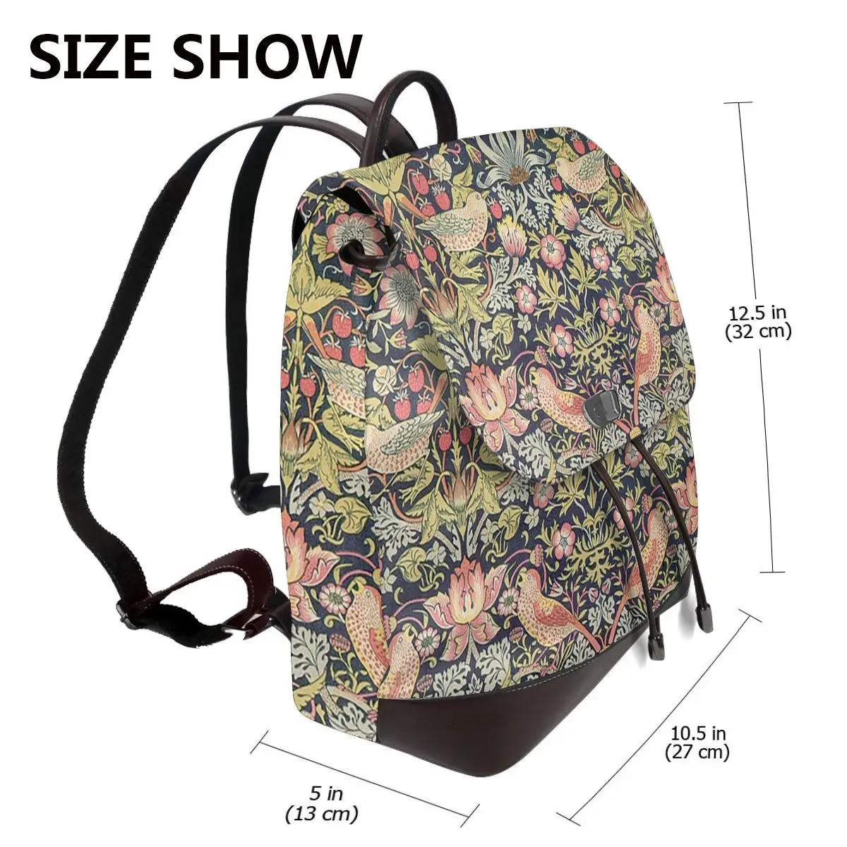 William Morris Strawberry Thief Floral By Zouzounio Women Soft Leather Backpack Multi Pockets Work Travel Ladies Casual Rucksack