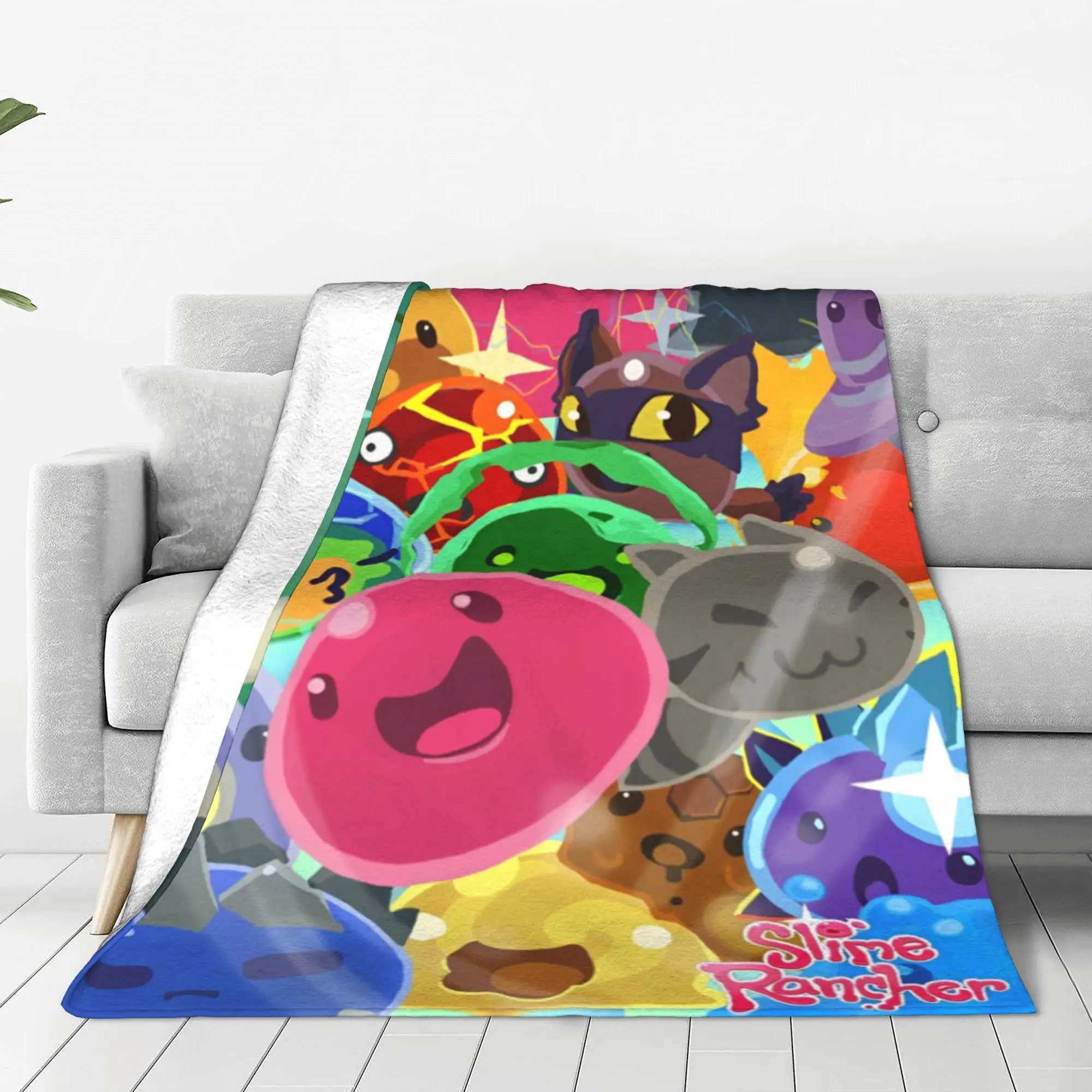 Slime Rancher Cartoon-Spiel-Plüschdecke, Anime, niedlich, lustig, Überwurfdecken für Zuhause, 150 x 125 cm, Steppdecke, super warm