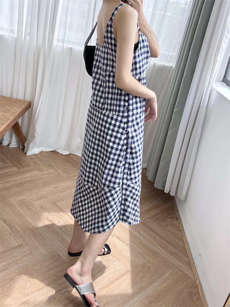 Neue 2024 Sommer Frauen süßes Mädchen Plaid Maxi kleid ärmellose A-Linie locker sitzen elegante High Street Chic atember aubende Modedesign