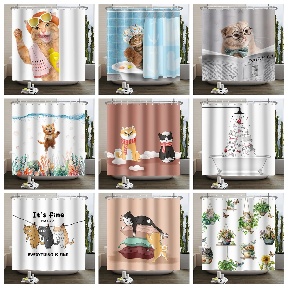 Funny Brave Cat Shower Curtain Ocean Cute Knight Dog Bathroom Curtains Personality Decor Waterproof Bathtub Screen with Hooks