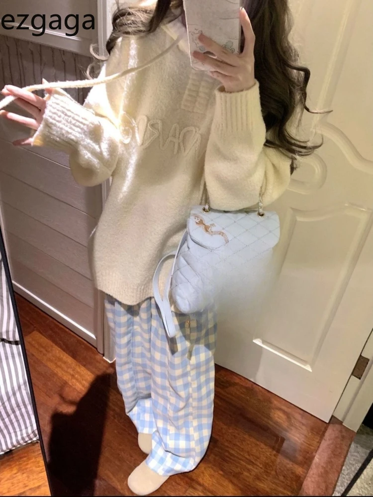 

Ezgaga Knitted Sweater Women Sweet Hooded Outwear Autumn Winter Loose Drawstring Pullover Ladies Fashion Casual Jumper
