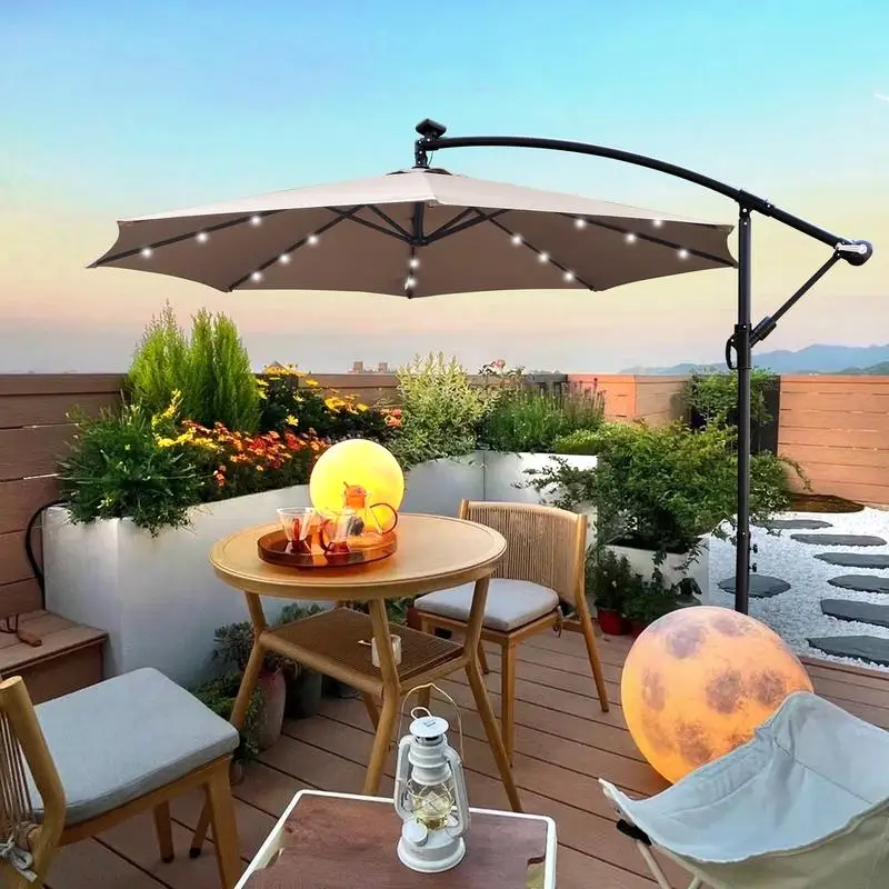 

10ft Outdoor Patio Umbrella with Solar-Powered LED Light, Waterproof 8-Rib Design, Includes Crank and Cross Base for Garden,