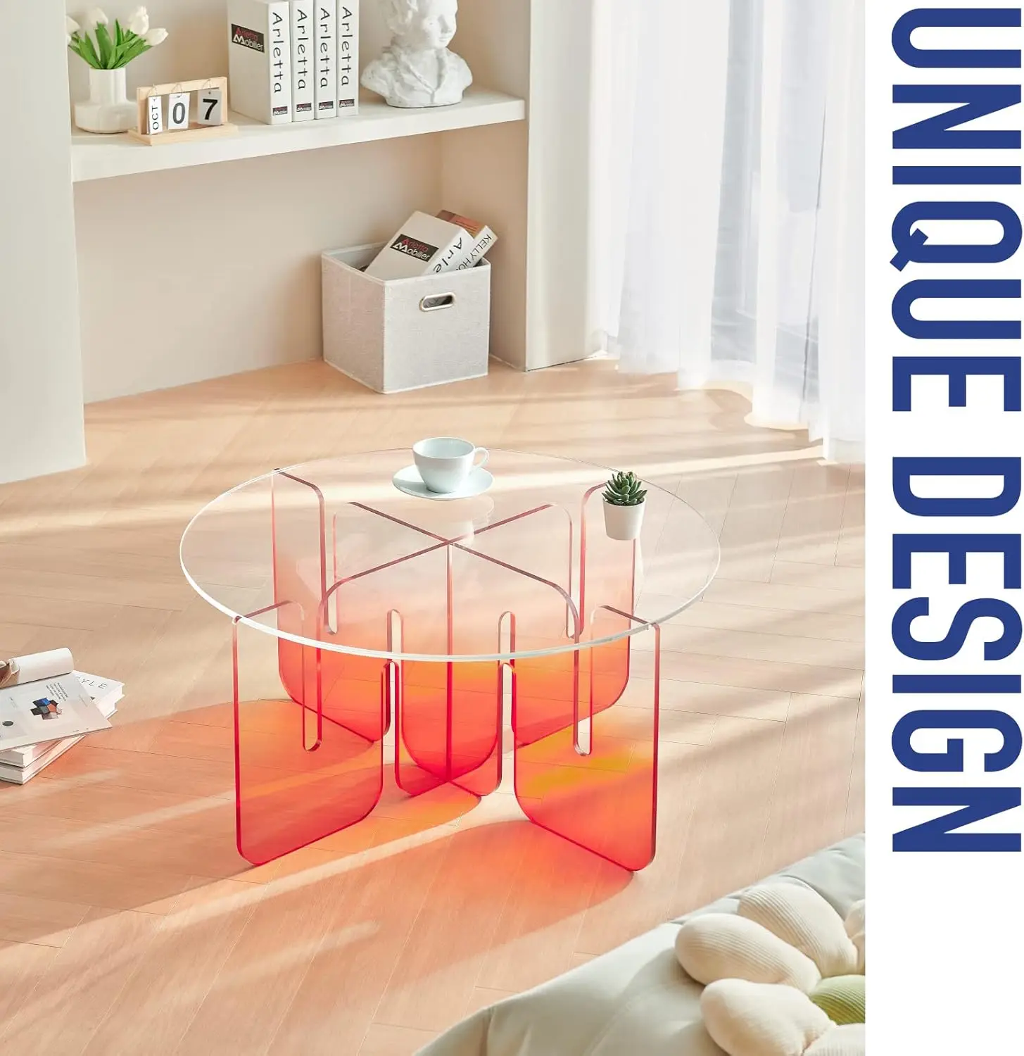 Acrylic Coffee Table – 31 x 16 Inches Coffee Table with Clear Round Top & Gradient Legs – Ultrathick Modern Round Table – Red