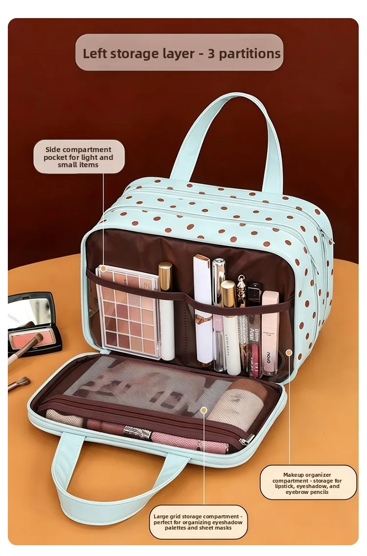 Polka Dot Make-up-Tasche mit großem Fassungsvermögen, tragbarer Reise-Kosmetik-Organizer, wasserdichte Hand-Kulturtasche für Damen – Detail 4