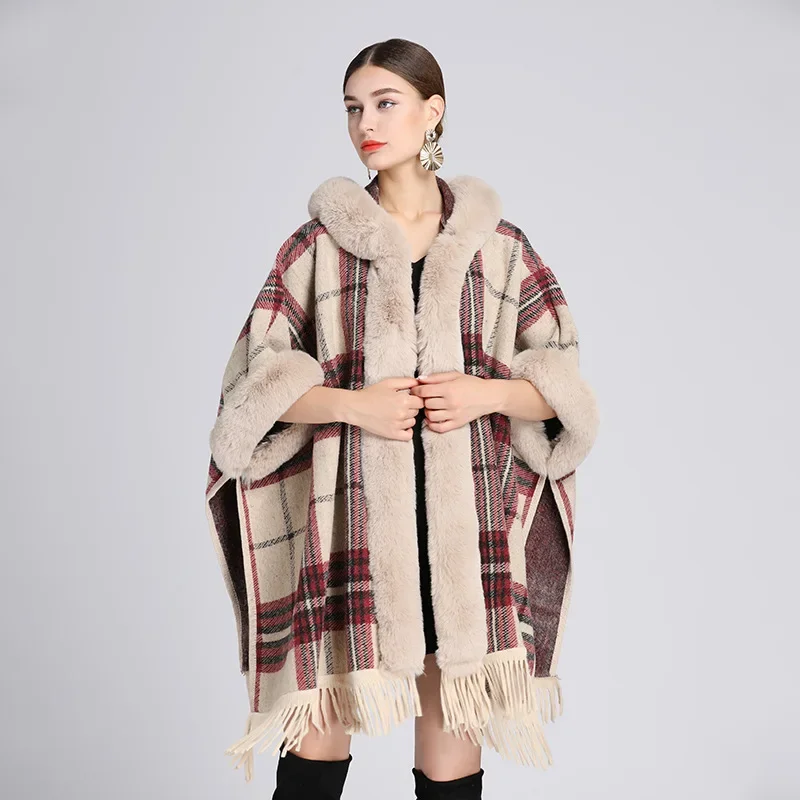 

4 Colors Women Winter Thick Striped Loose Poncho Big Pendulum Capes Tassel Faux Fur Collar Bat Sleeve Long Outside Coat With Hat