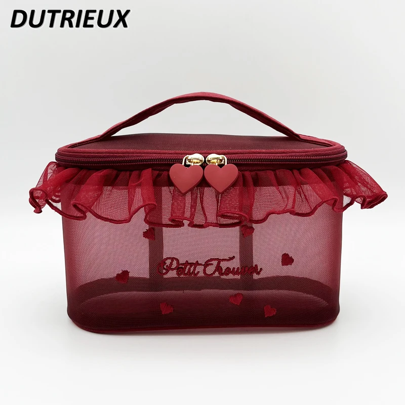 Fashion Cosmetic Bag for Women Summer Autumn Mesh Lovely Embroidered Lace Portable Cute Sweet Ladies Makeup Storage Bags