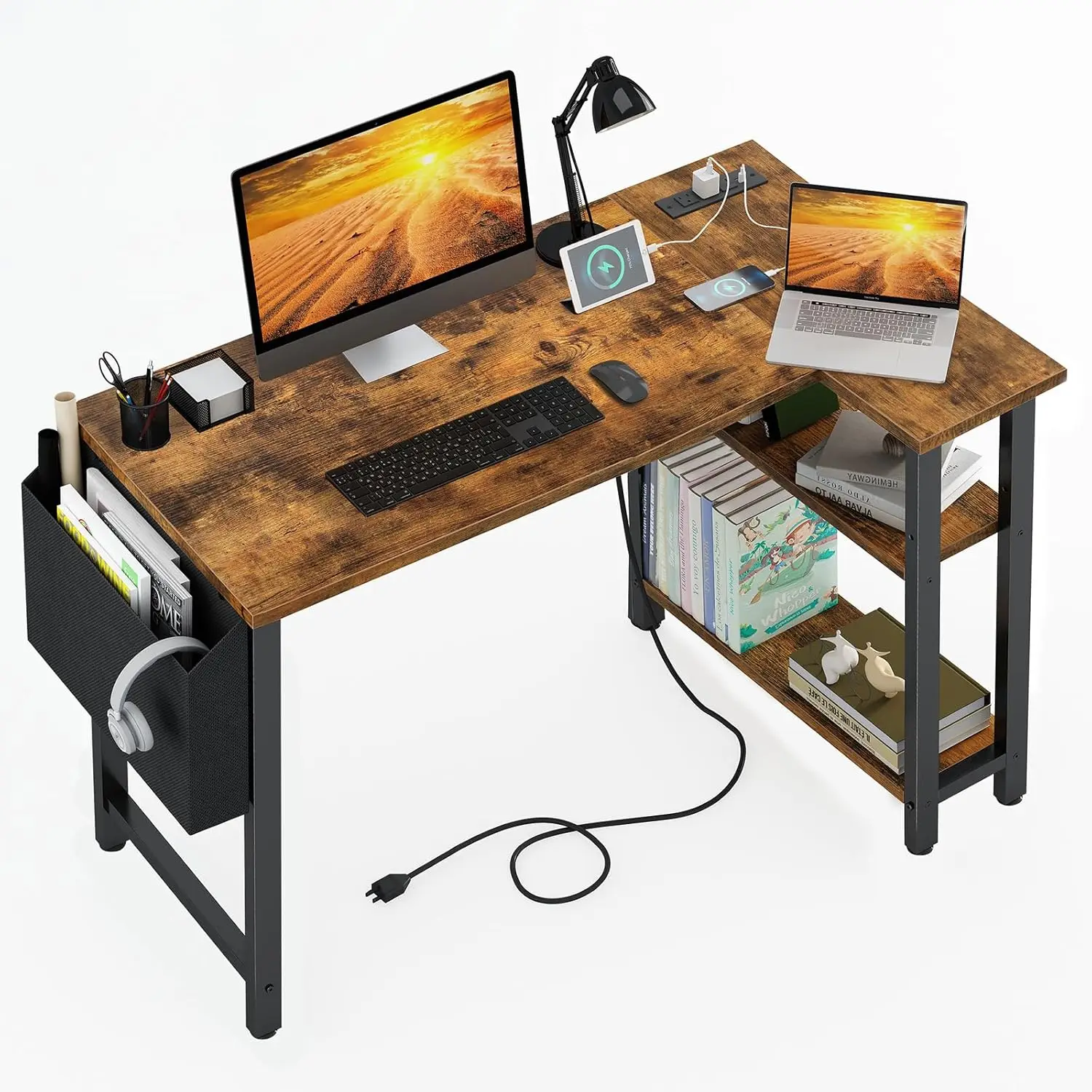 

Small L Shaped Desk with Power Outlet Shelves, 40 Inch Corner Desk for Small Space Home Office, L-Shaped Computer Desk PC Desks