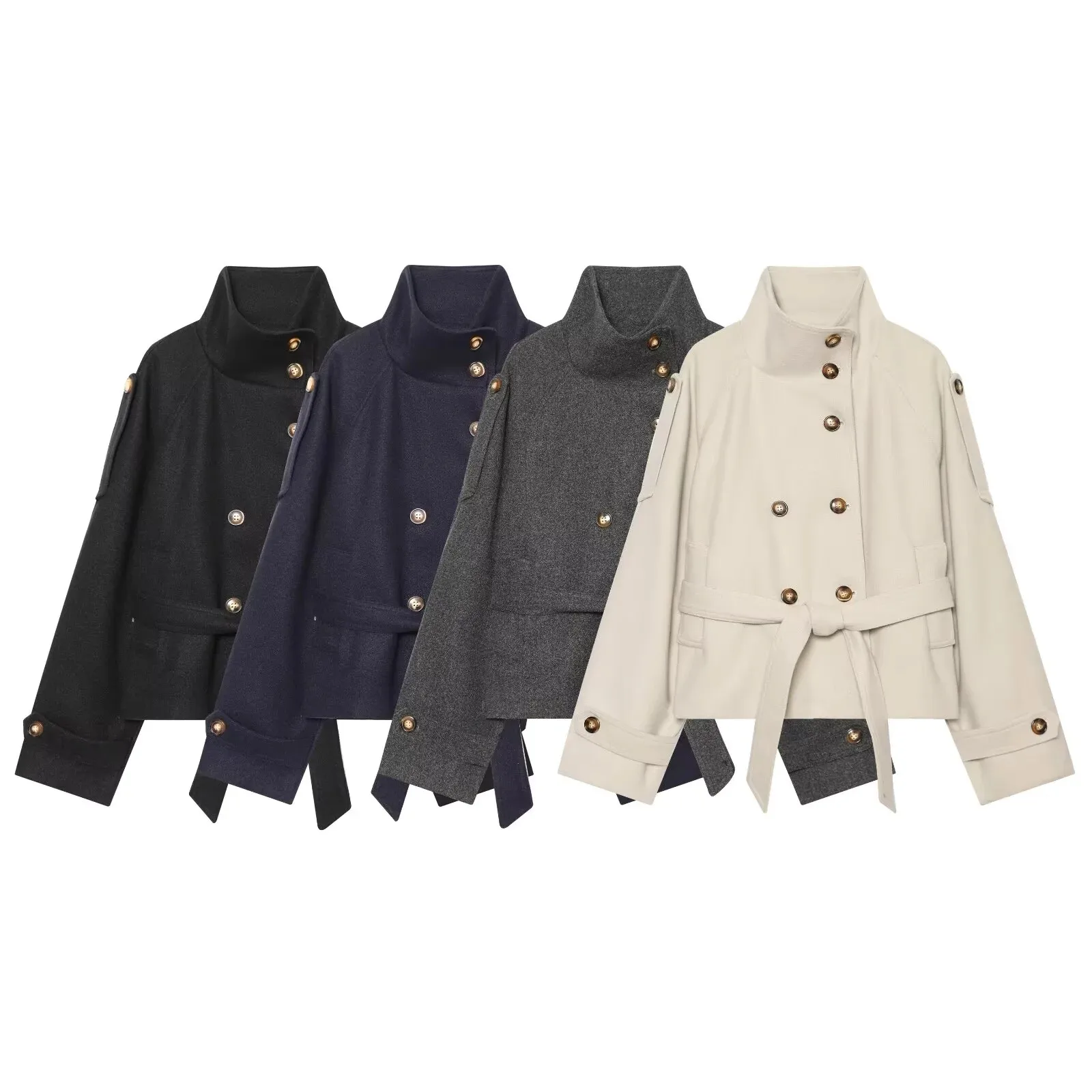 Popular European and American 2026 new women's fashionable and elegant loose and slim-fitting stand collar belt wool coat