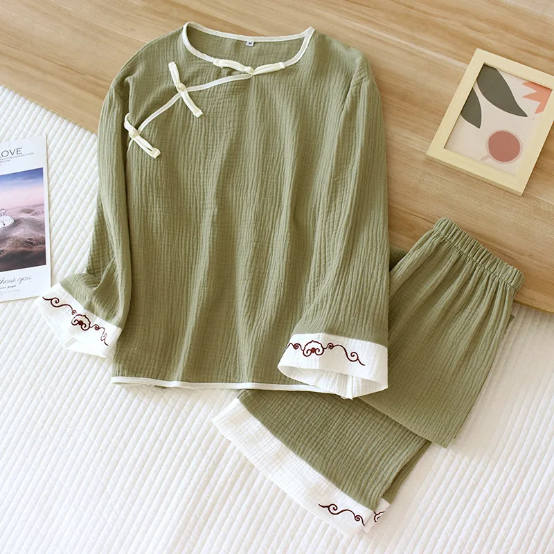 

China Style 100% Cotton Pajamas For Women Casual Long Sleeve Trousers Sets Spring Autumn Pyjama Femme Woman Home Wear Outfit