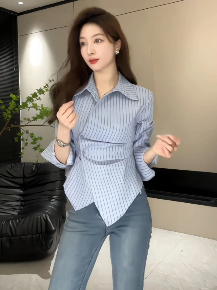 Shirts & Blouses For Women Full Long Sleeve Loose Woman Top Spring And Autumn Button Up Striped Crop Offer Aesthetic Hot Tall Xl