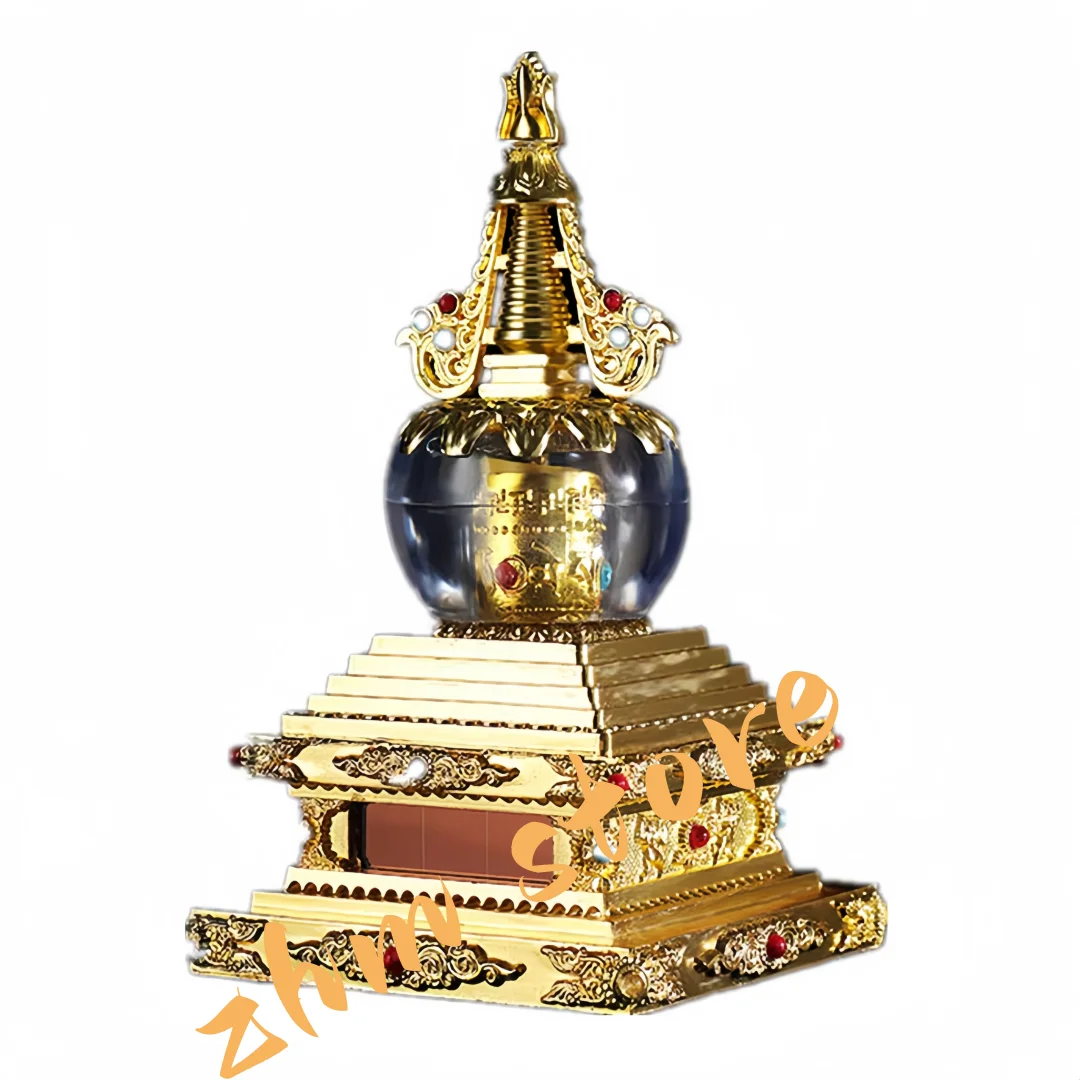 Tibetan Suppliers Gold/Silver/Red Copper Colors 14.5cm Alloy Metal Six Words Mantra Solar Energy Stupa Putting Decoration