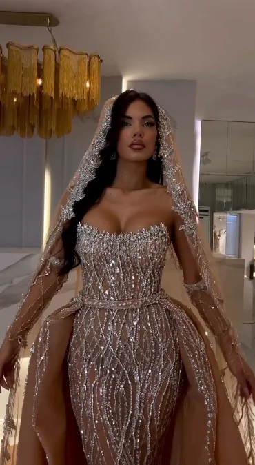 Luxurious Champagne Sheath Evening Arabian Women Rhinestone Customized Matching Detachable Trailing Prom Dresses