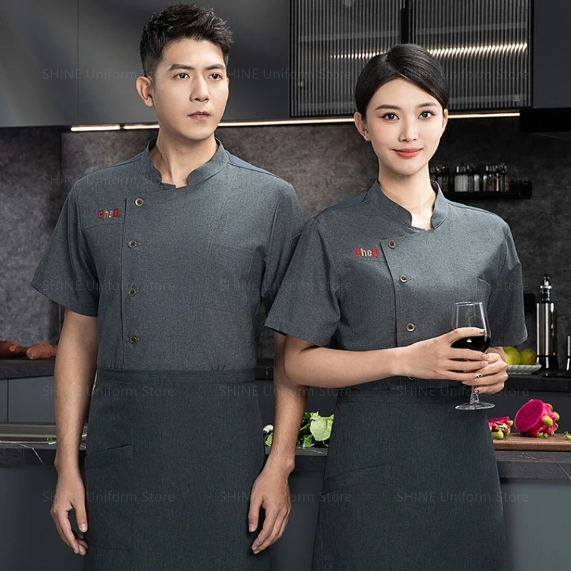 夏用シェフジャケットエプロン帽子半袖シェフユニフォームメンズブラックシェフコートロゴレストランホテルキッチン調理服