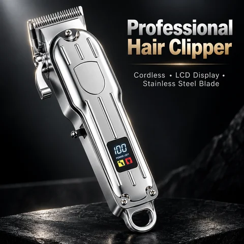 Professional Cordless Hair Clipper for Men All Metal Barber Trimmer LCD Display USB Rechargeable High Power Hair Cutting Machine