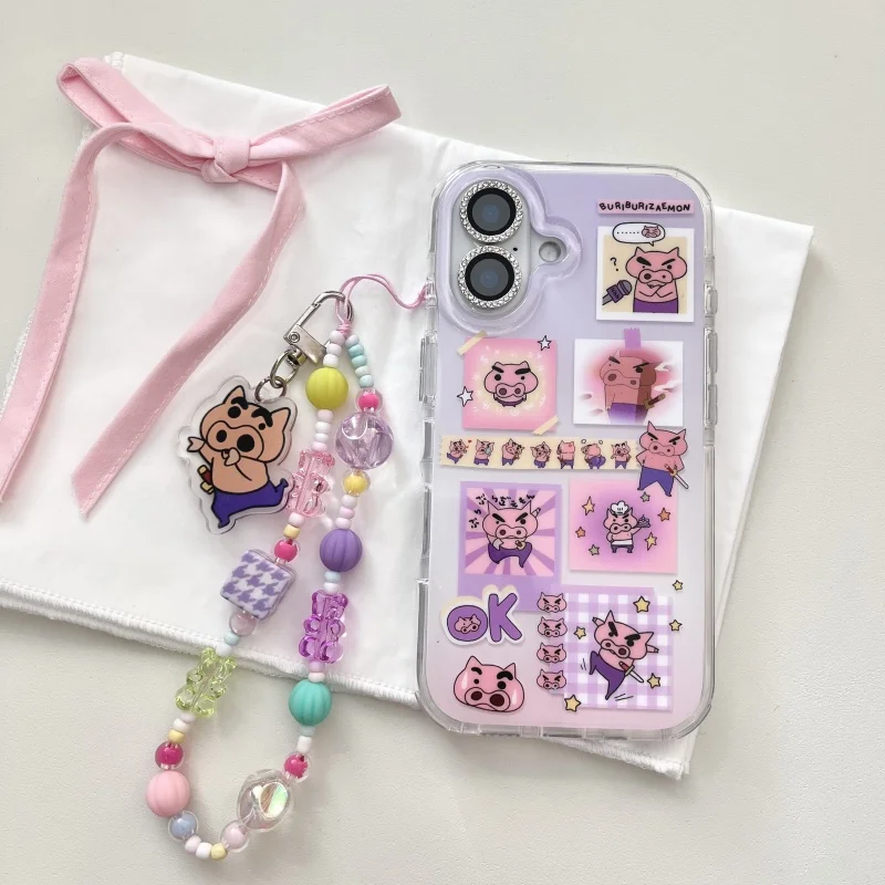 

3D Anime Cute comic Cartoon Crayon Shin-chan Buriburizaemon protect phone Case For iPhone 13 14 15 16 Pro Max Cover Lanyard﻿