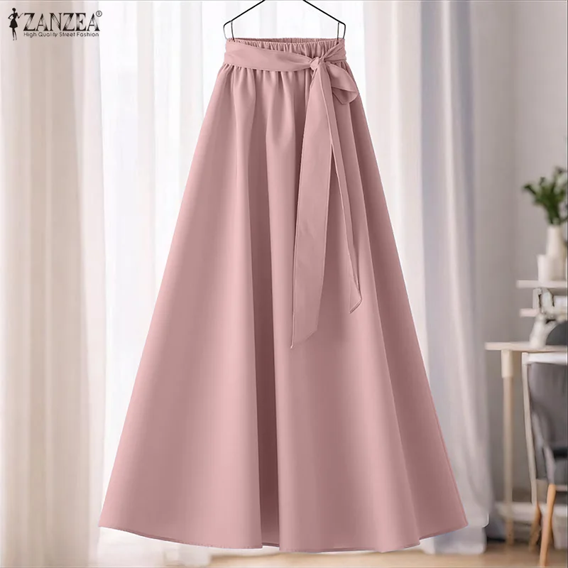 2025 ZANZEA موضة النساء تنانير طويلة الخريف ضمادة قيعان طويلة غير رسمية الصلبة مرونة الخصر حفلة ألف خط Jupes Faldas Saia