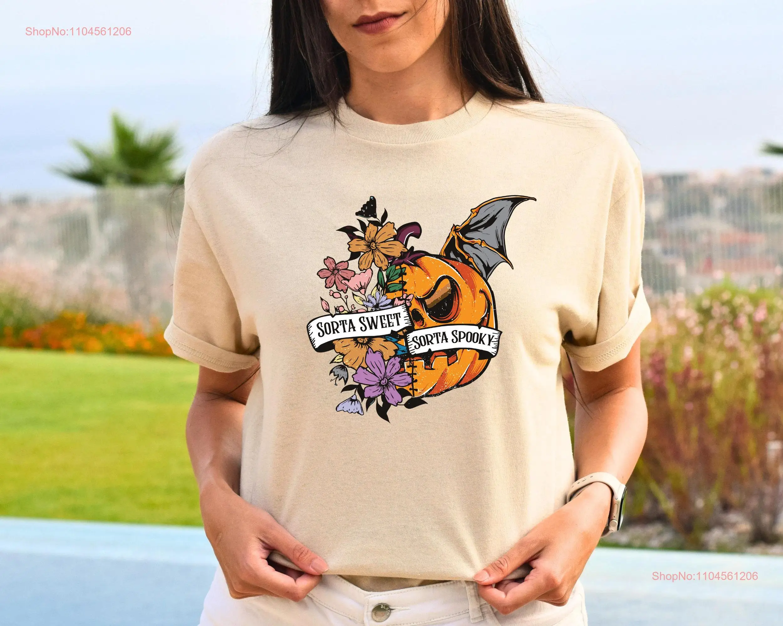 

Sorta Sweet Spooky Забавная футболка на Хэллоуин с полевым цветком и тыквой, женская ручная работа с принтом, длинными или короткими рукавами