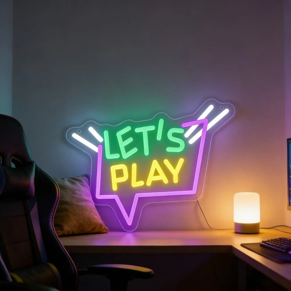 

Неоновая вывеска LET'S PLAY с USB-питанием и регулировкой яркости, светодиодный неоновый светильник для киберспортивной комнаты, бара, мужской комнаты, игровой комнаты, декора стен для вечеринок
