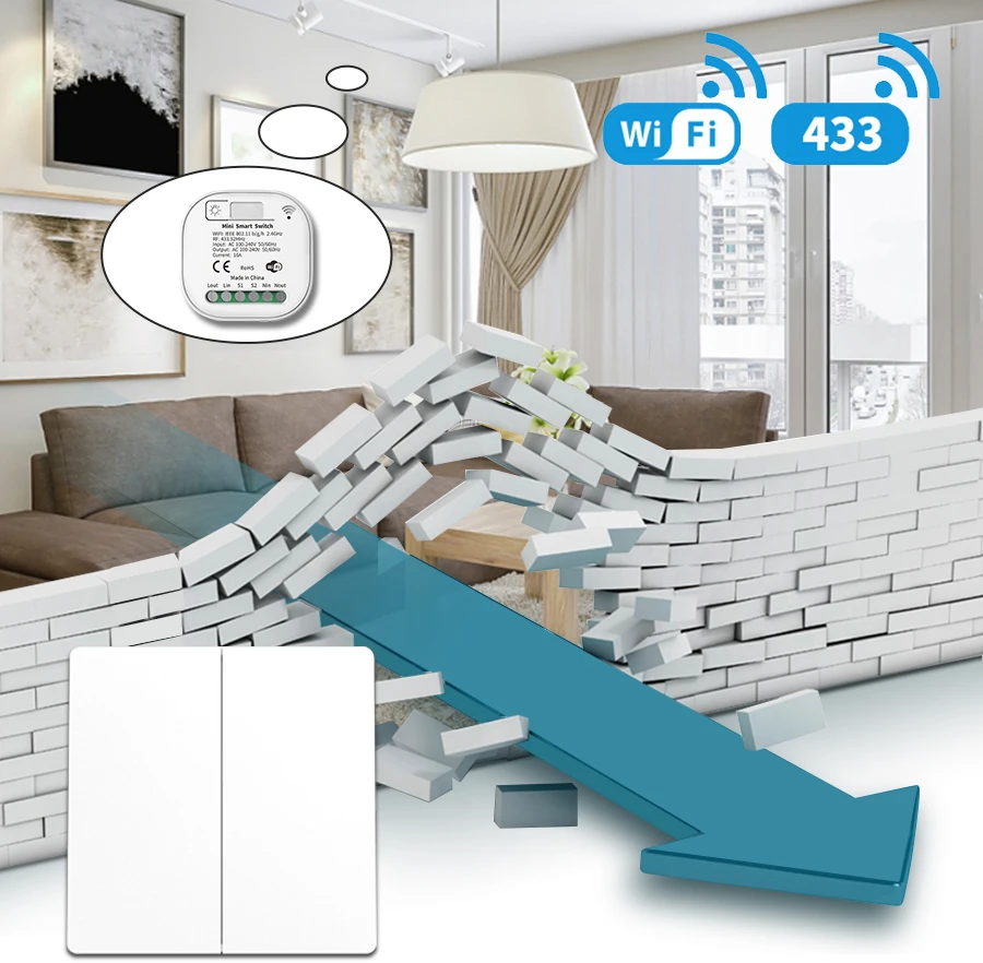 Tuya-interruptor inteligente inalámbrico con WiFi, dispositivo autoalimentado de 16A, 433MHz, No necesita batería, interruptores de pared, Control por aplicación de voz con Alexa y Google Home