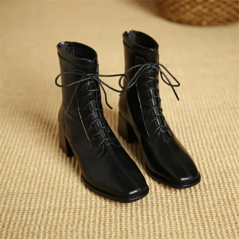 Winter High Heel Women\'s Ankle Boots  Fashion Lace Up Short Boots Women\'s Thick High Heel Side Zipper Botas De Mujer 2024