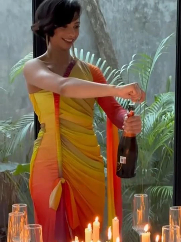 Robe d'anniversaire irrégulière à imprimé dégradé pour femme, Sexy, col incliné, manches simples, moulante, Maxi, vêtements de plage, vacances, 2025