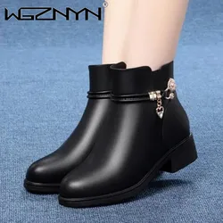 Fashion Soft Leather Mother Cotton Shoes Autumn Winter Middle Heel Rhinestone Womens Snow Boots Comfortable Soft Sole Short Boot