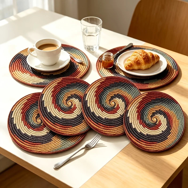 8/4 Piece Set of 2D Flat Spiral Ring Pattern Round Wooden Placemats, Vintage Earth-Tone Table Mats, Non-Slip and Heat-Resistant, with Vintage-Style Prints, Suitable for Farmhouse, Restaurant, and Home Decor, Halloween
