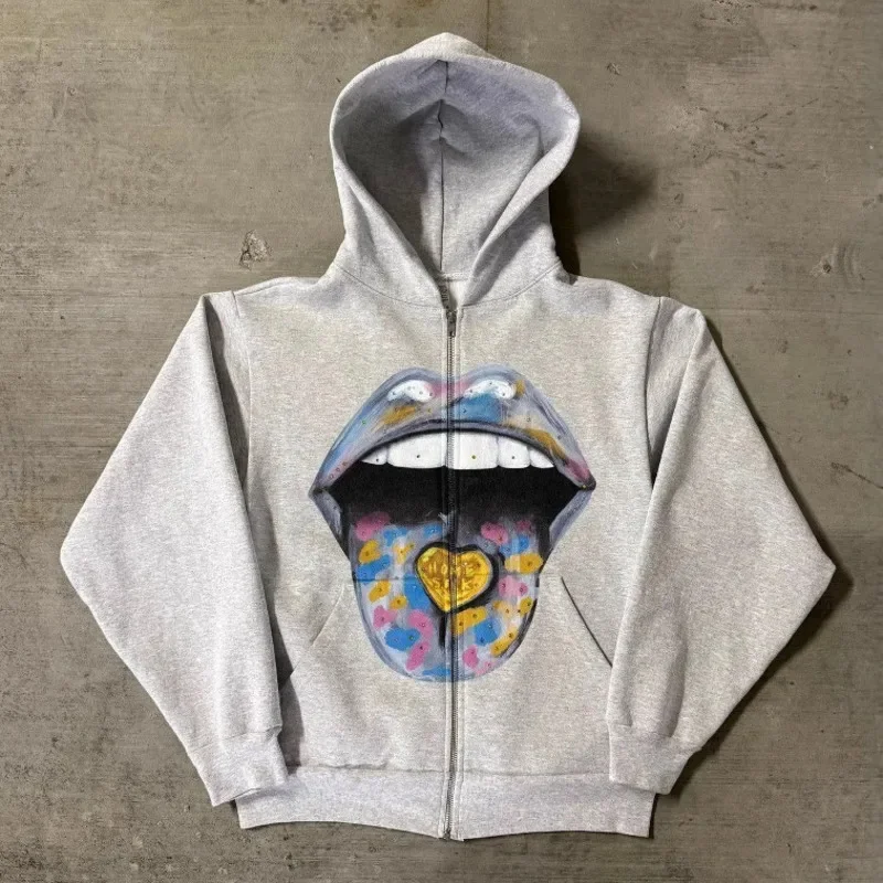 Harajuku Mouth Print Zipper Hoodie Women European American Long Sleeved Pullover Hoodie Retro Jacket High Street Trend Coats New