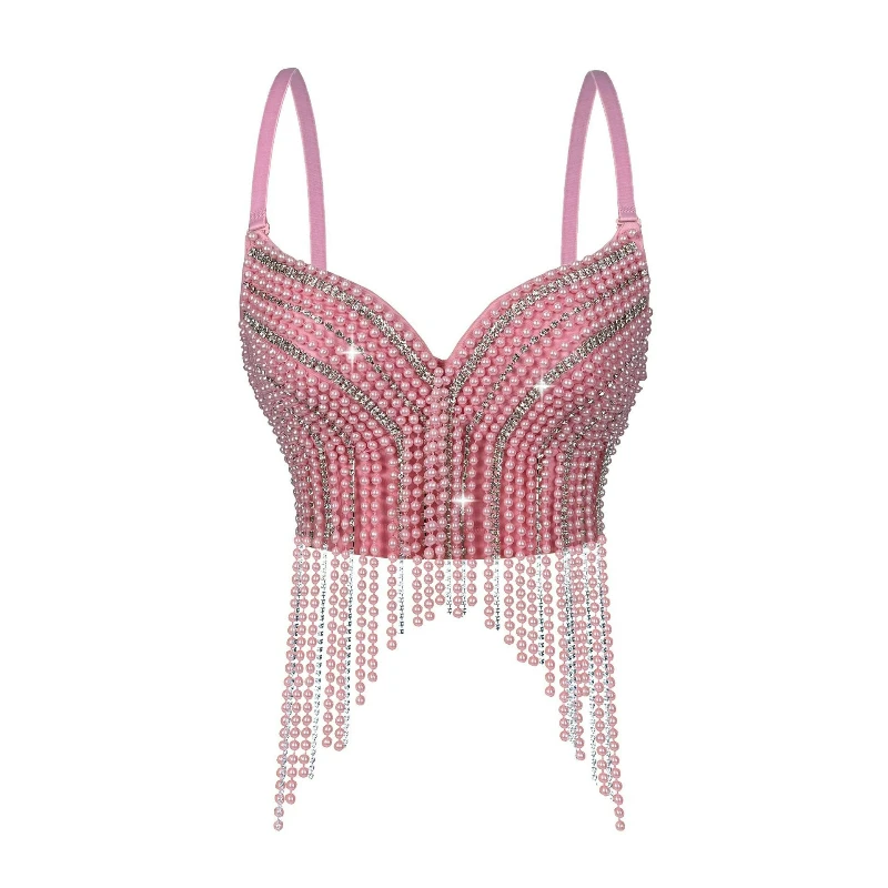 

2026 European and American Style Summer Sexy Outerwear Stage Fishbone Corset New Pearl Diamond Chain Tassel Halter Top Tanks