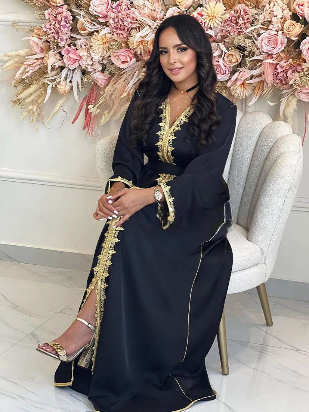 Golden Appliques Prom Dress Muslim Long Sleeve Cocktail Gown Elegant Moroccan Caftan Evening Dress Customized Robe De Mariée